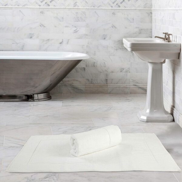 Bath Mat 50x80cm 100% Cotton, 1000gsm, Soft & Absorbent, White Frame Design, Luxury Bathroom Rug, Non-Slip, Quick-Dry